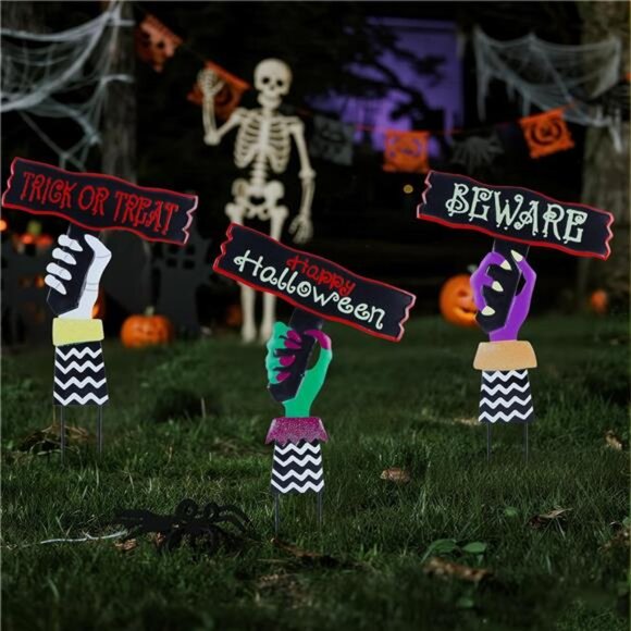 3 Pack Halloween Yard Stakes Outdoor Decorations – Scary Metal Hand Signs - Picture 5 of 7